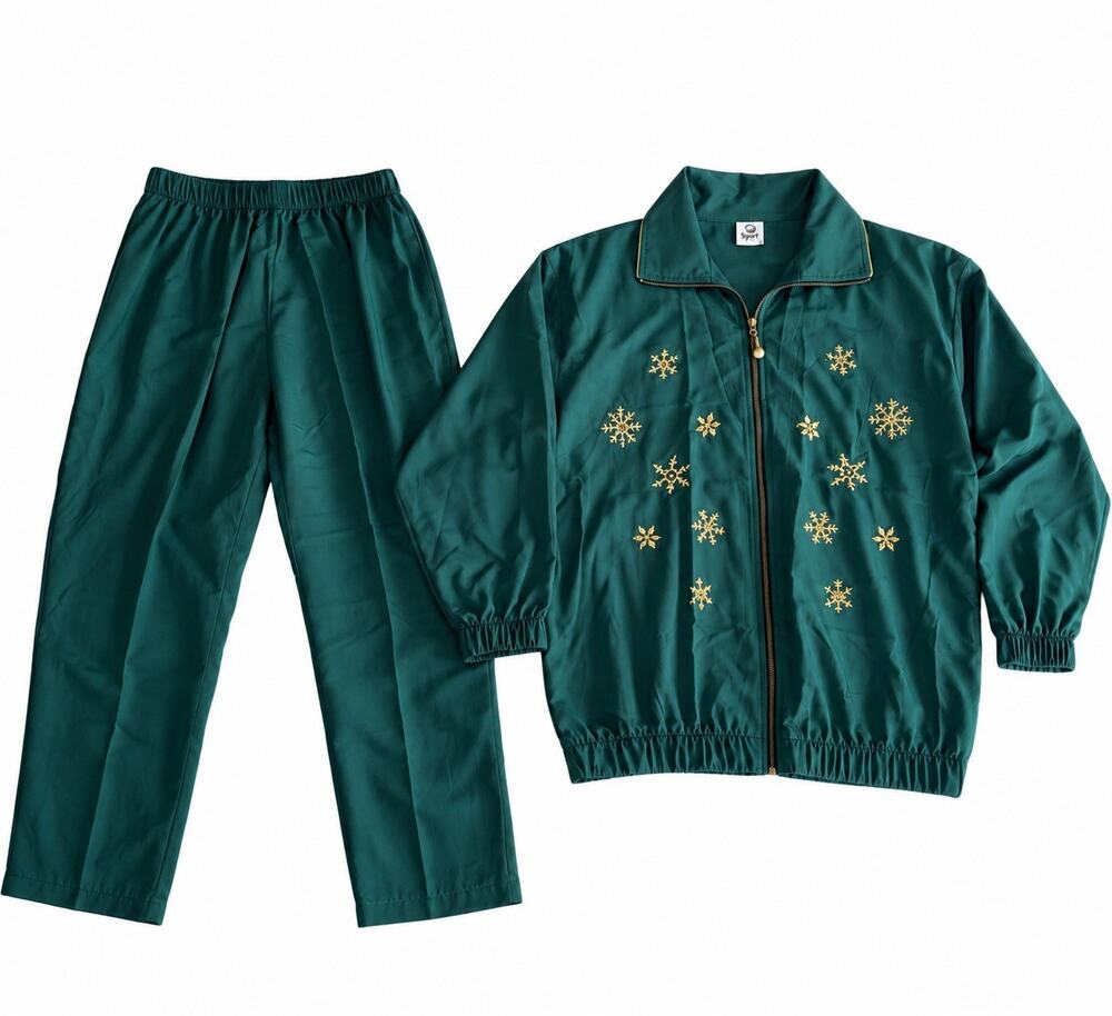 VTG Sport Savvy Womenโs Large Green 2 Piece Track Suit Jacket Pants Snowflake